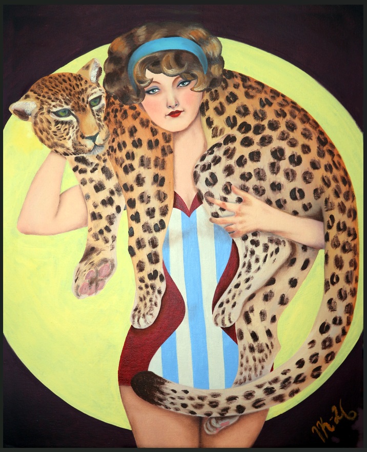 An oil colour painting of a1920's circus performer holds a leopard on her shoulders.
