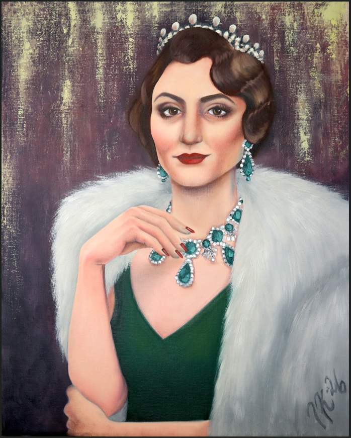 An oil colour painting of Countess Rossakoff, played by Orla Brady. She is wearing jewels, that were stolen from the Louvre 2025.