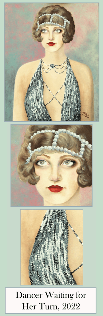 Painting "Dancer Waiting for Her Turn" shows a cute young woman in glitter dress. 1920's. Flapper.