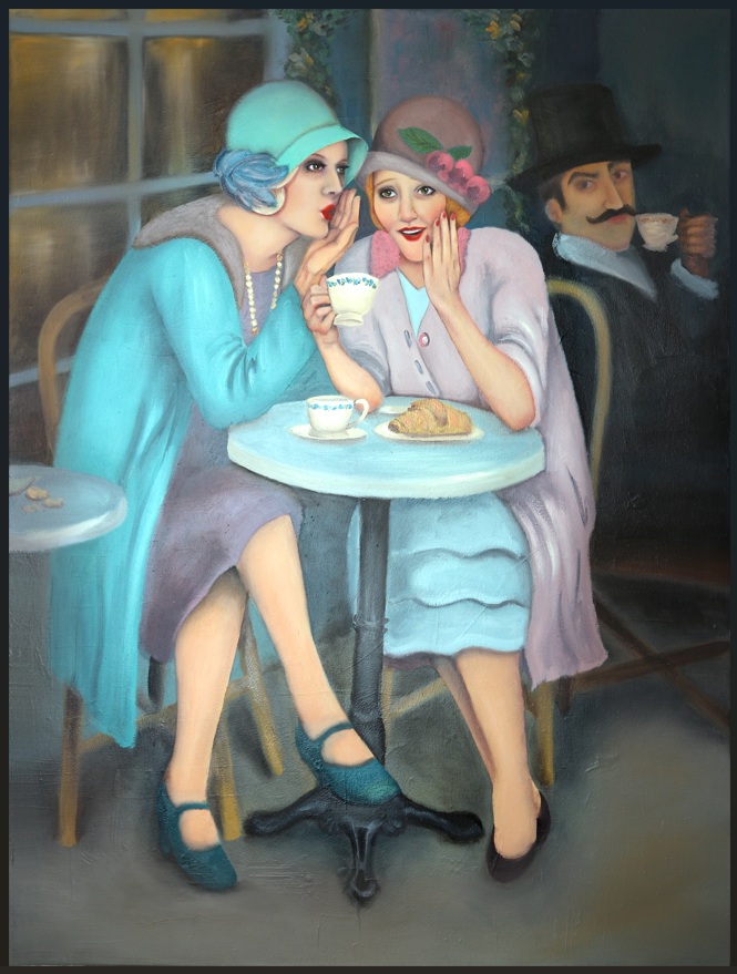 An oil colour painting of two 1920's women sitting at a cafe, drinking tea and gossiping. Gossip is so delicious, the man next table eavesdrops.