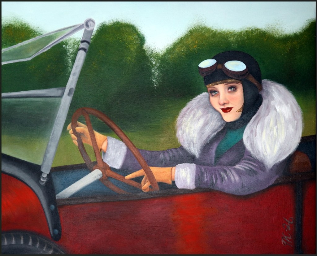 An oil colour painting of a 1920's lady sitting in a red sports car.