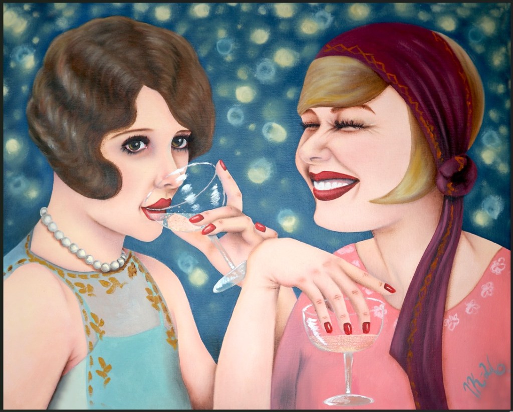 An oil colour painting of two young 1920's flapper girls enjoying champagne.