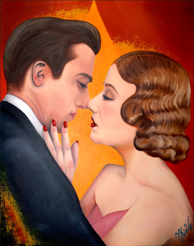 An oil colour painting of a couple just about to kiss.