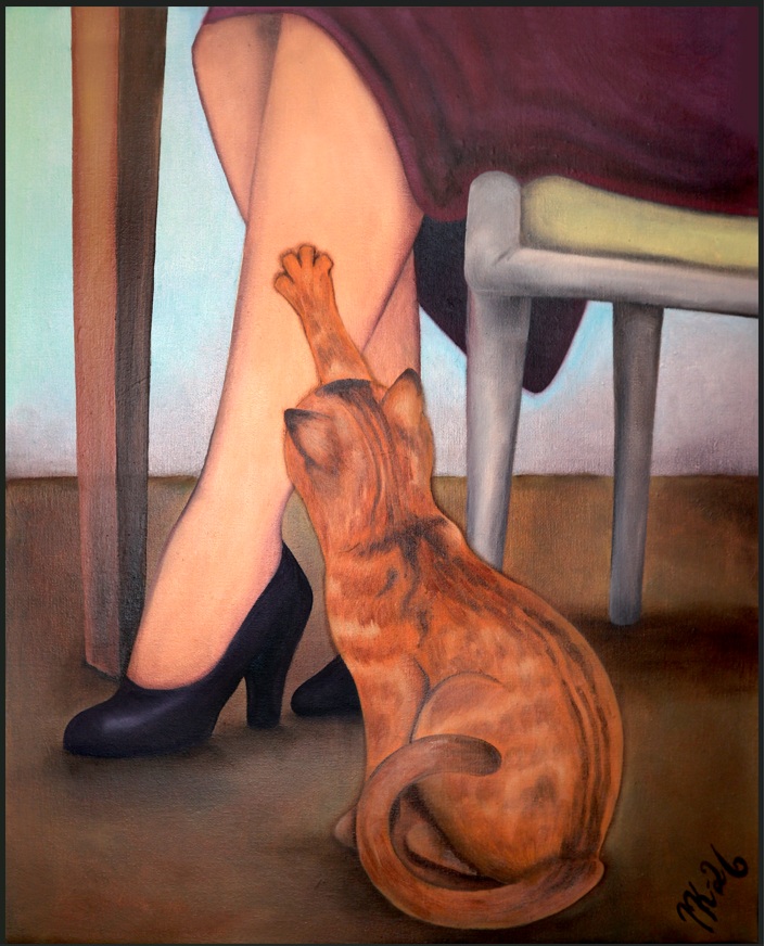 An oil colour painting of an orange cat just about to scratch woman's pantyhose.