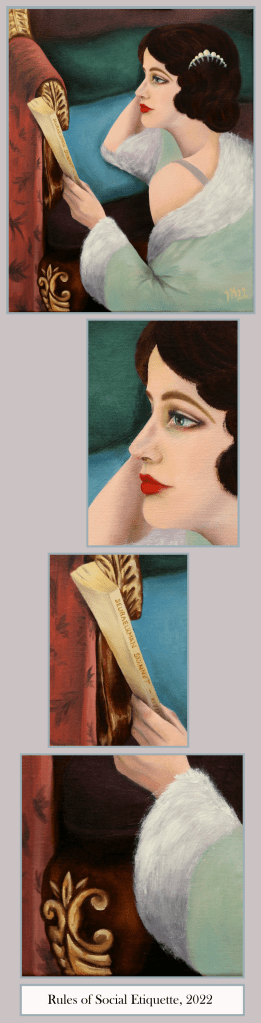 Painting "Rules of Social Etiquette" is an image of a young woman looking at or past a book called Rules of Social Etiquette.