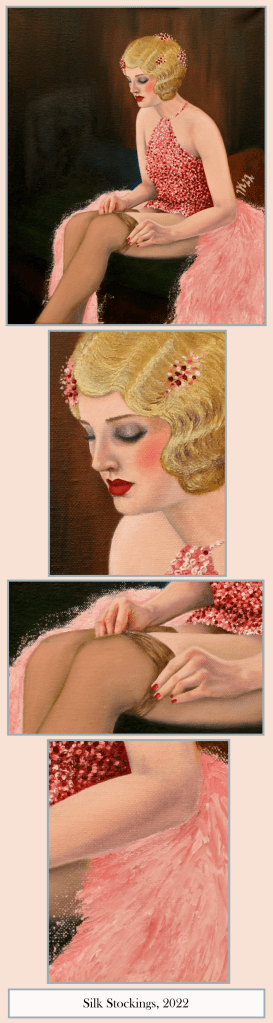Painting "Silk Stockings" shows a beautiful woman in pink glitter dress putting on silk stockings. 1920's. Flapper.