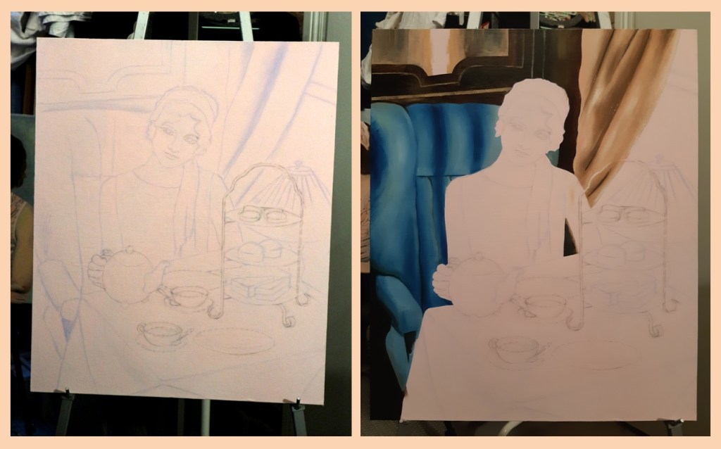 Work in progress -images of the painting "Afternoon Tea at the Orient Express"