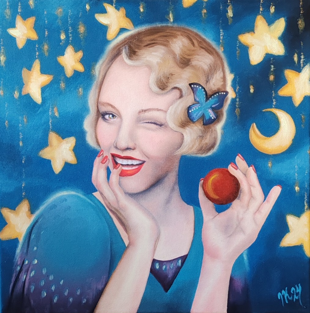 1920's flapper girl winking playfully. Red lips. Stars and a moon.