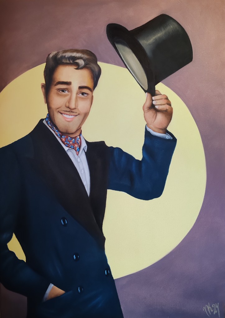 1920's or 1930's devilishly handsome man in a suit, raising his top hat in greeting.